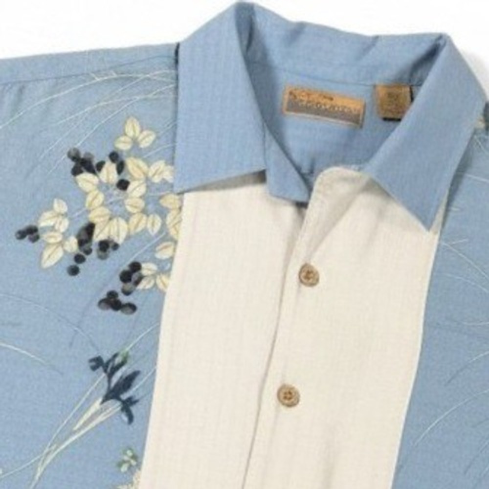 Bobby Chan 100% Silk Shirt Men Large Floral Embroidered Short Sleeve Blue Cream